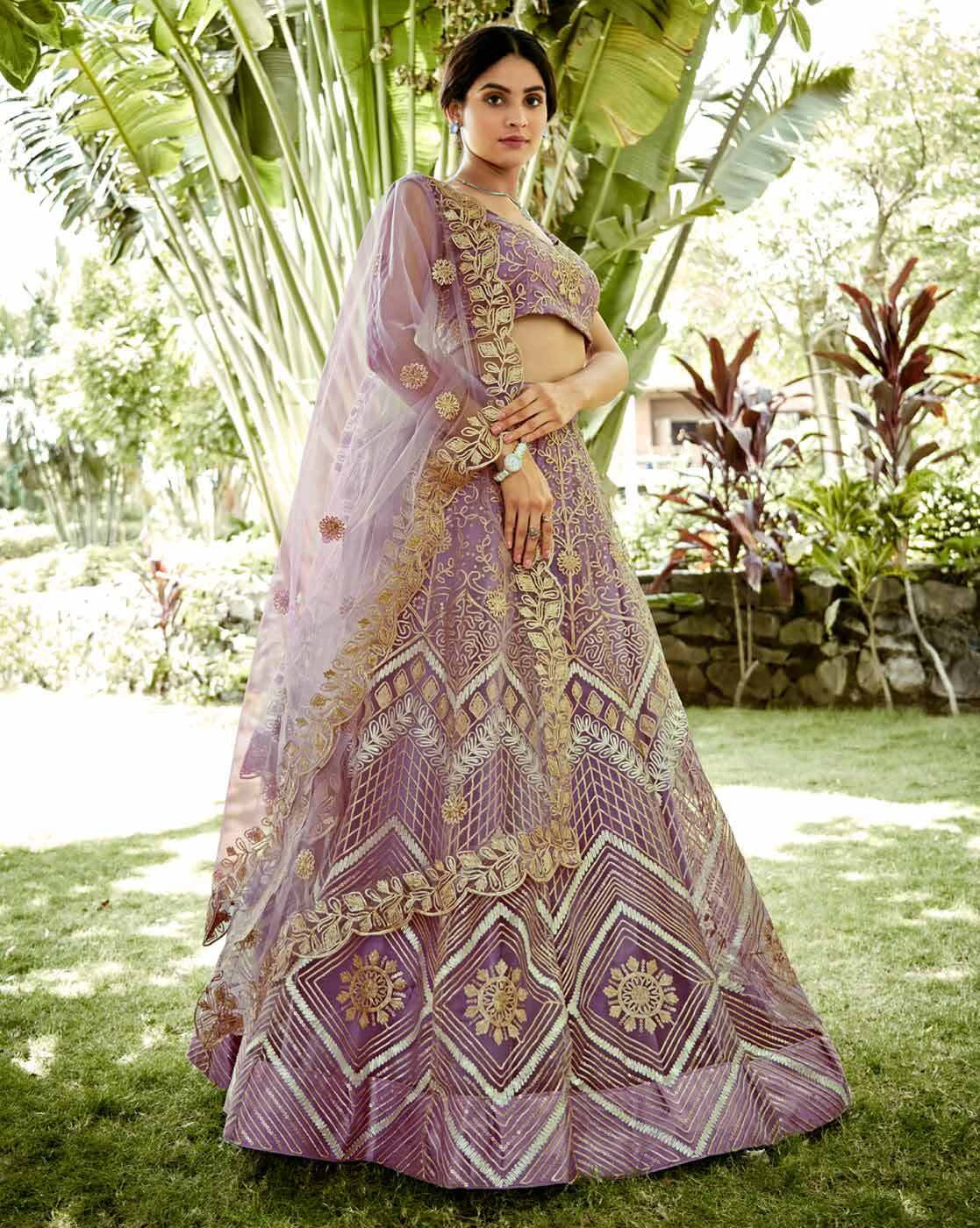 Lavender and gold embroidered lehenga choli set Canada with heavy floral and geometric embroidery and sheer dupatta
