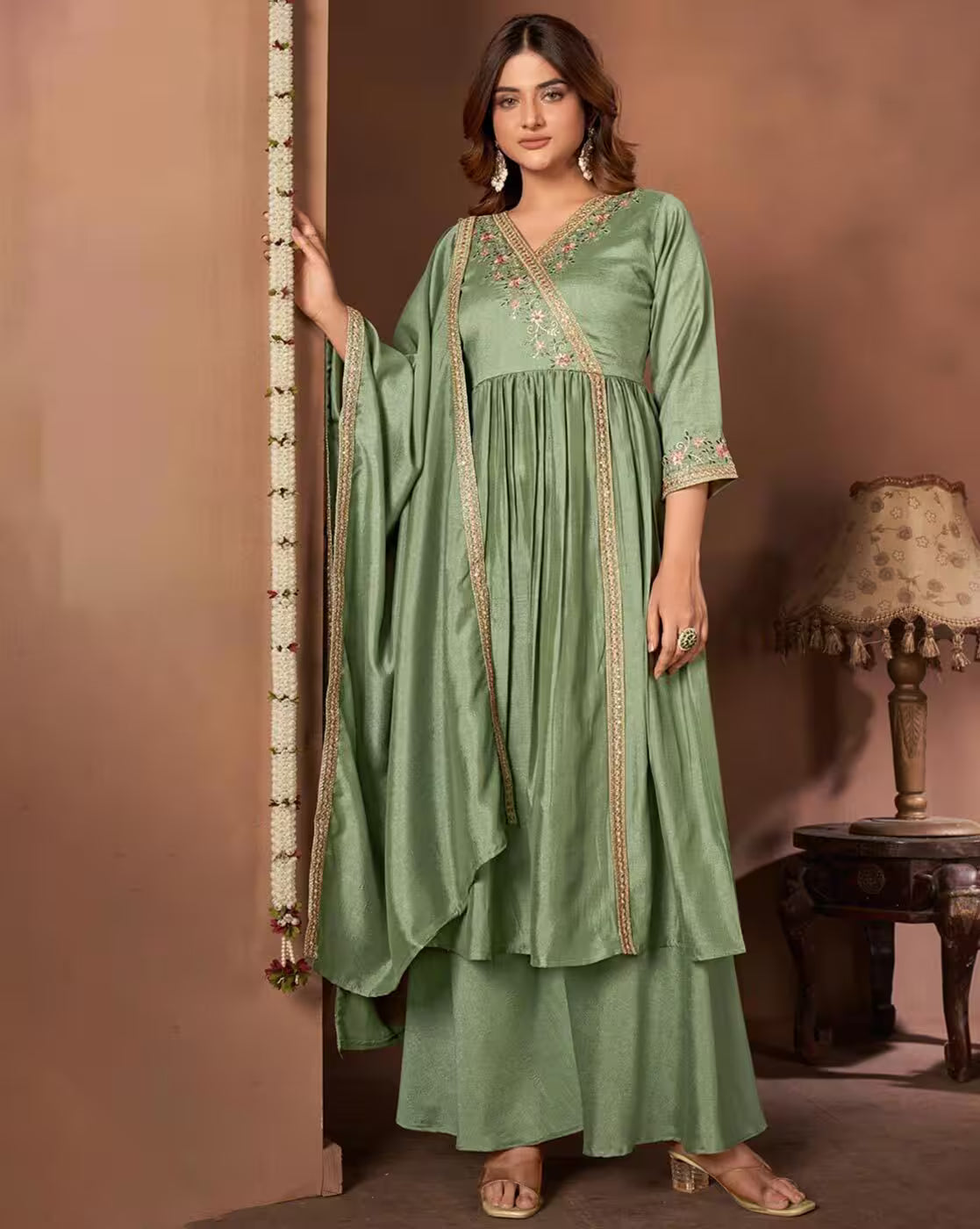 Aromie three piece sage green embroidered Festive kurta set for women with V neck kurta dupatta and palazzo pants
