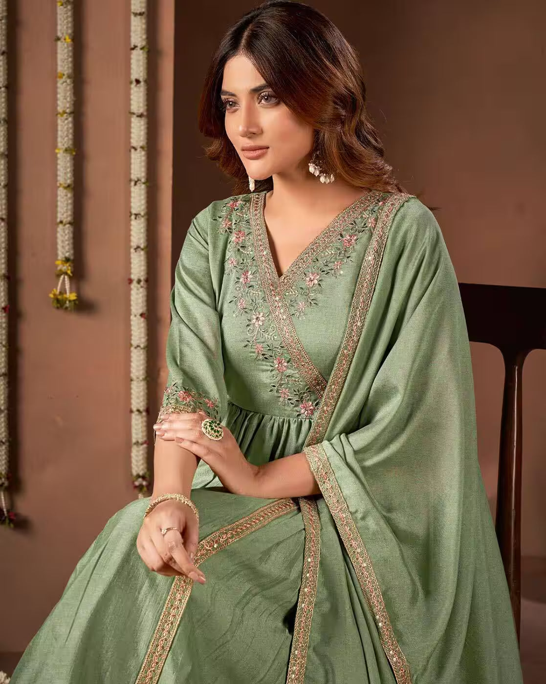 Aromie three piece sage green embroidered kurtha with V neck dupatta and pants Festive kurta set for women.