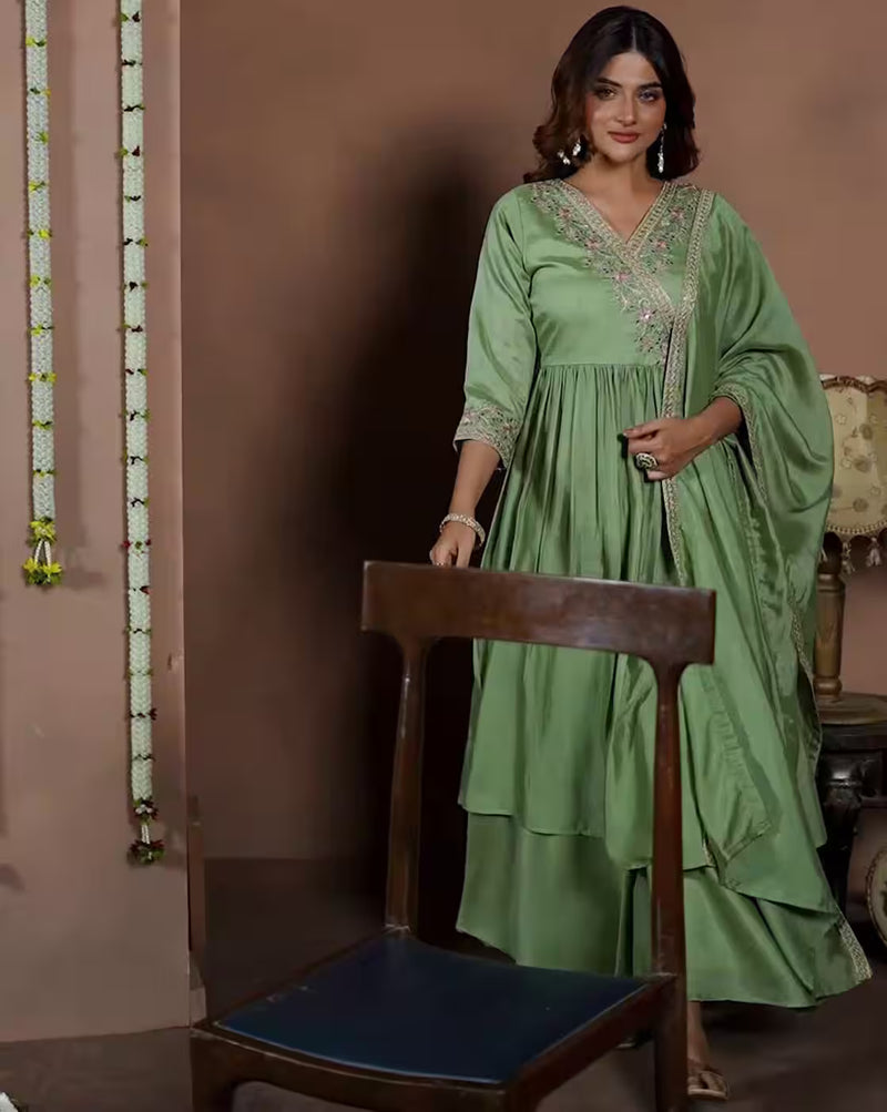 Aromie three piece kurtha in sage green with embroidered V neck and dupatta Festive kurta set for women.