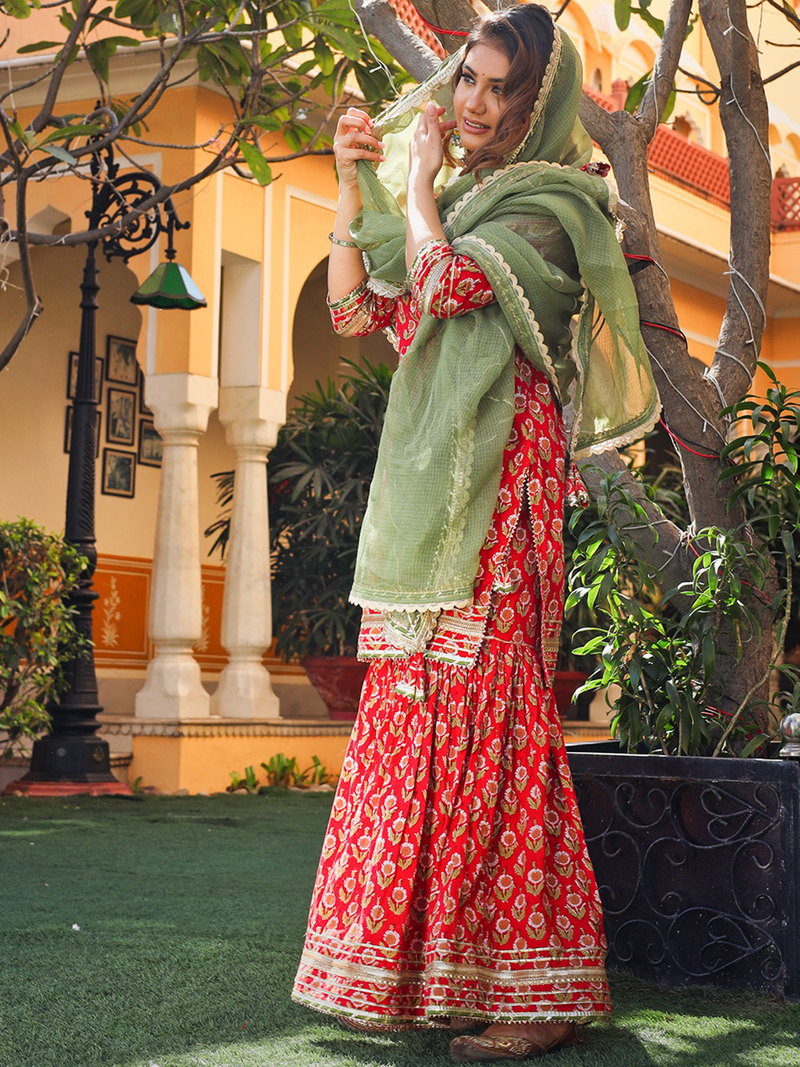 Aromie Rayon Anarkali Kurta Set red printed three piece with green dupatta and embroidered hem