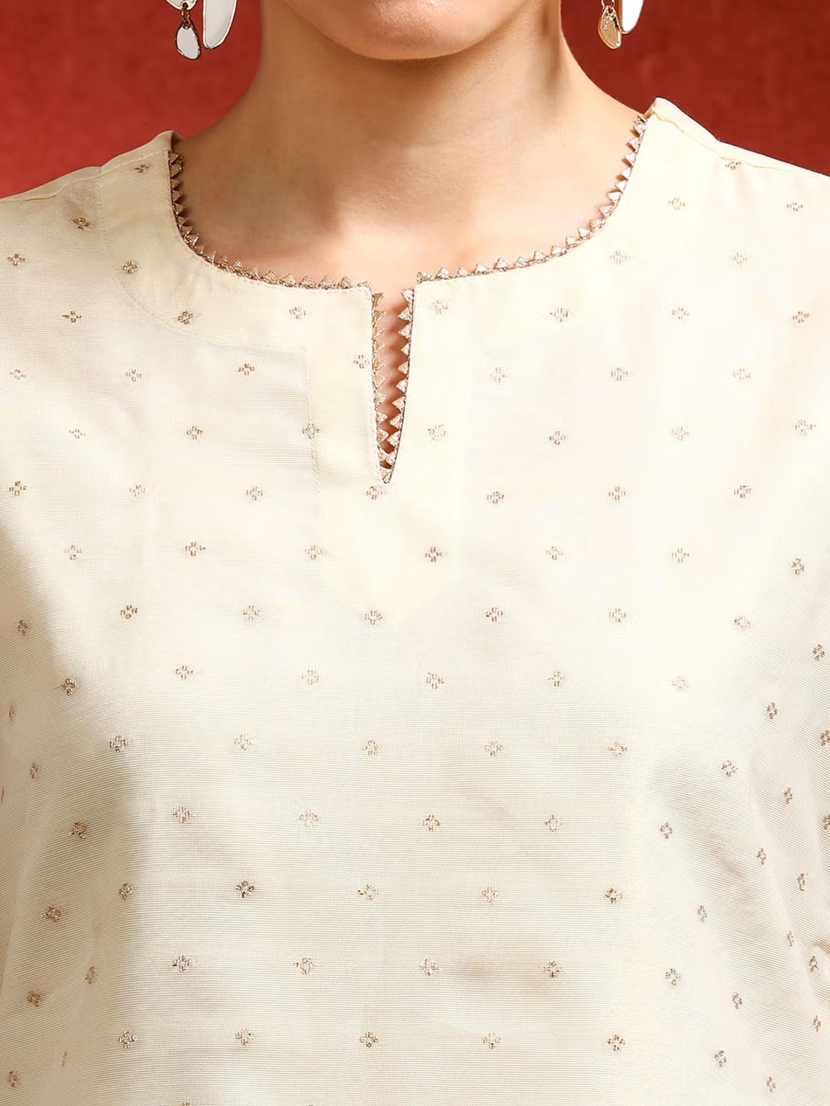 Aromie three piece Kurtha cream viscose kurta with subtle mirror embroidery and notched neckline viscose mirror work kurta Canada