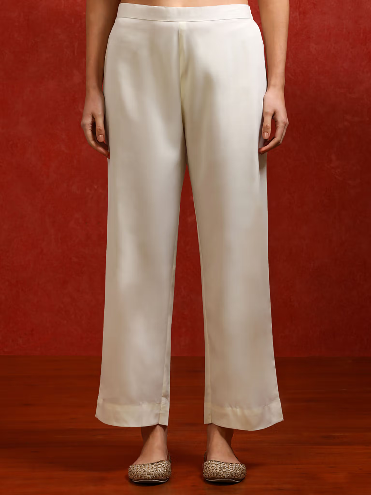 Aromie cream straight trousers from three piece set paired with viscose mirror work kurta Canada for festive wear