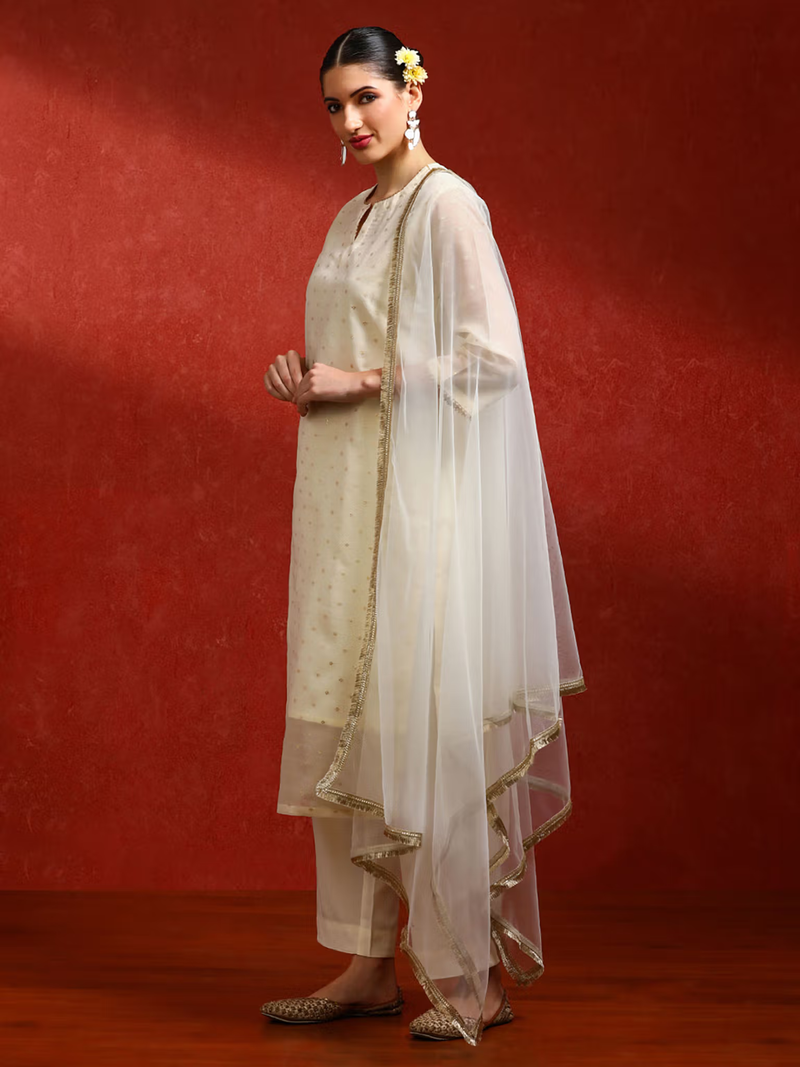 Aromie three piece kurtha set in ivory with gold trim sheer dupatta and straight pants viscose mirror work kurta Canada