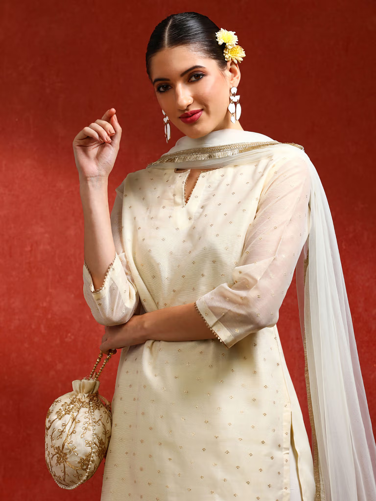 Aromie three piece Kurtha cream set with sheer dupatta potli bag and gold accents viscose mirror work kurta Canada