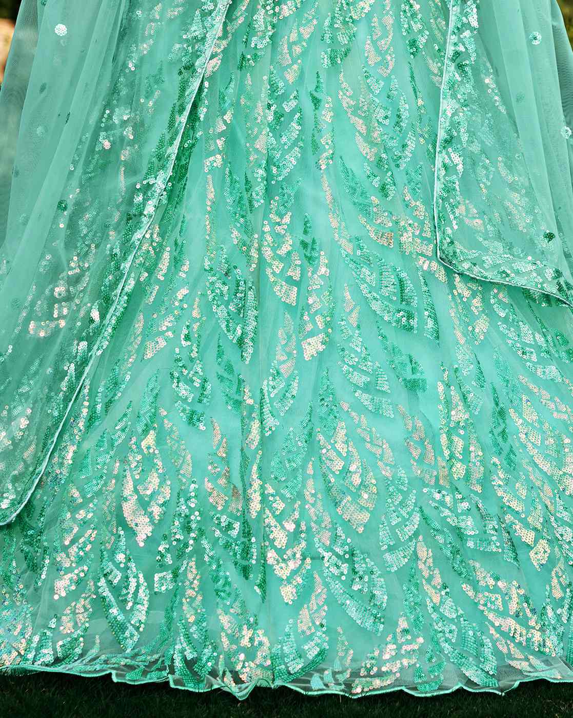 Seafoam green women embellished lehenga choli set with sequin leaf motifs and sheer dupatta