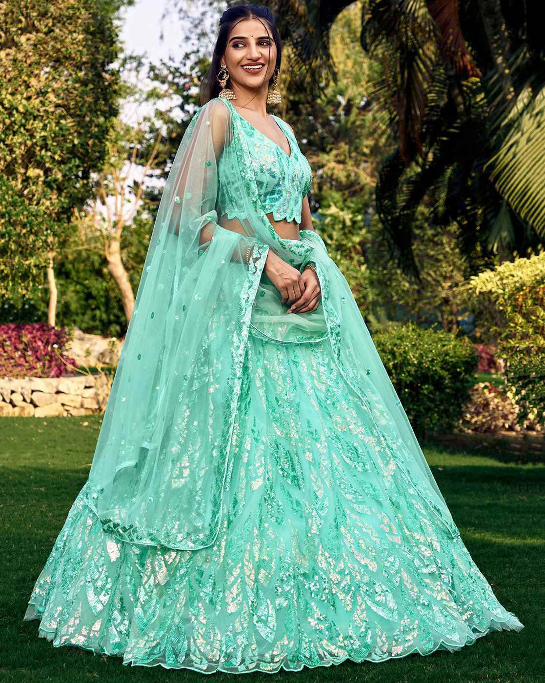Mint green women embellished lehenga choli set with embroidered sequins lehenga and sheer dupatta