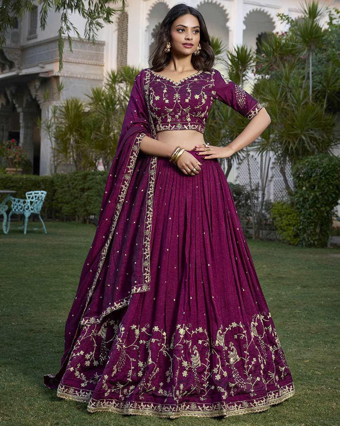 AROMIE women's embroidered lehenga choli set deep magenta with gold floral embroidery and dupatta