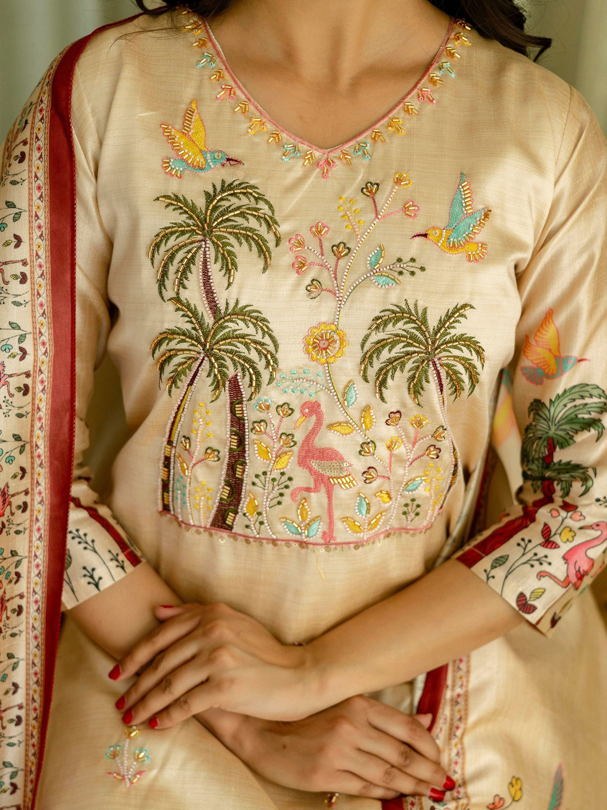 Aromie three piece women's jacquard kurta set beige V neck with embroidered palms flamingo birds and floral motifs