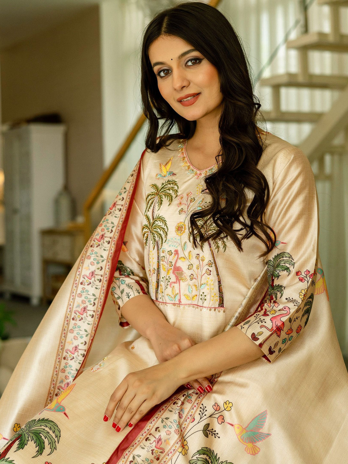aromie three piece women's jacquard kurta set in cream with floral and bird embroidery and dupatta