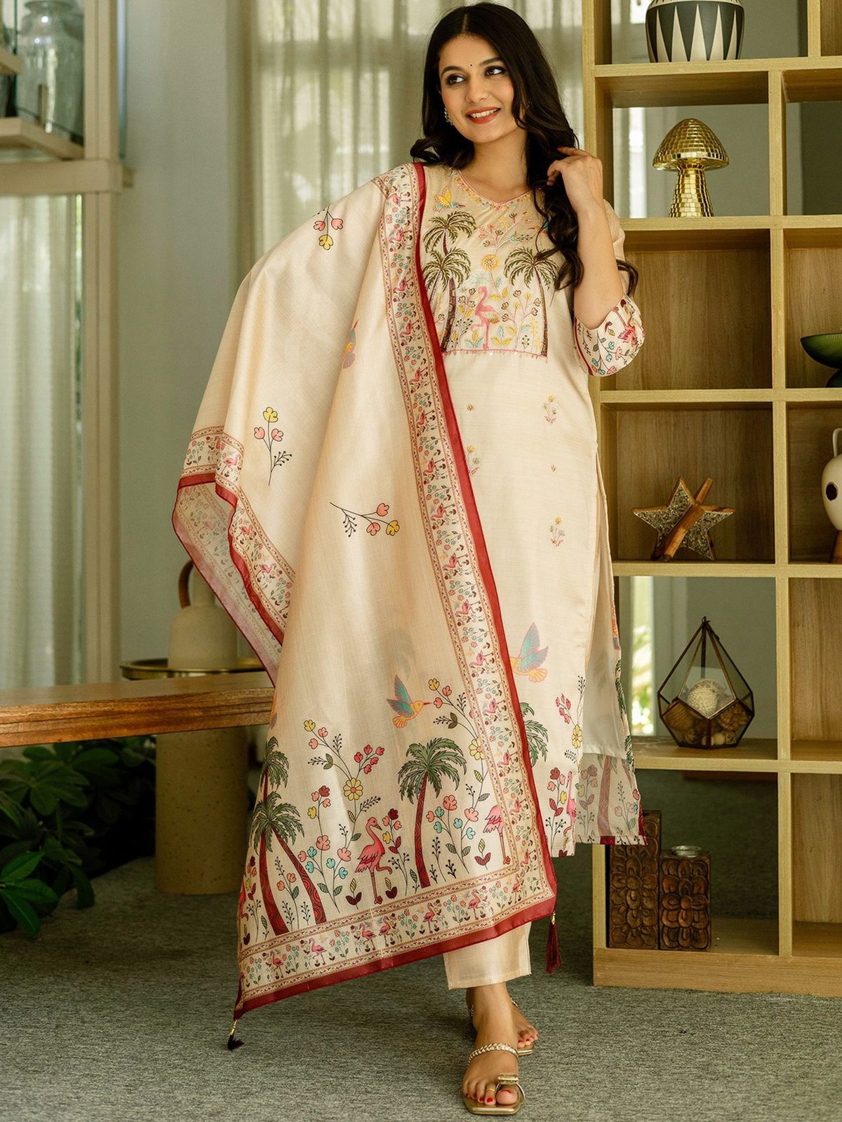 Aromie three piece cream women's jacquard kurta set with floral and palm prints and matching dupatta