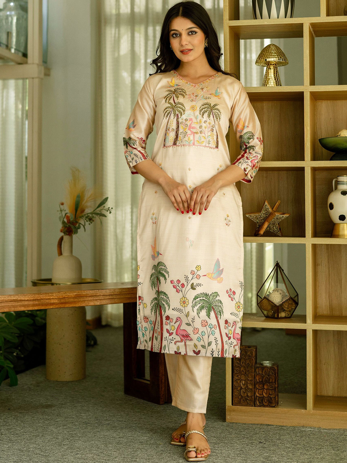 Aromie three piece women's jacquard kurta set cream pastel with palm flamingo and floral prints and three quarter sleeves