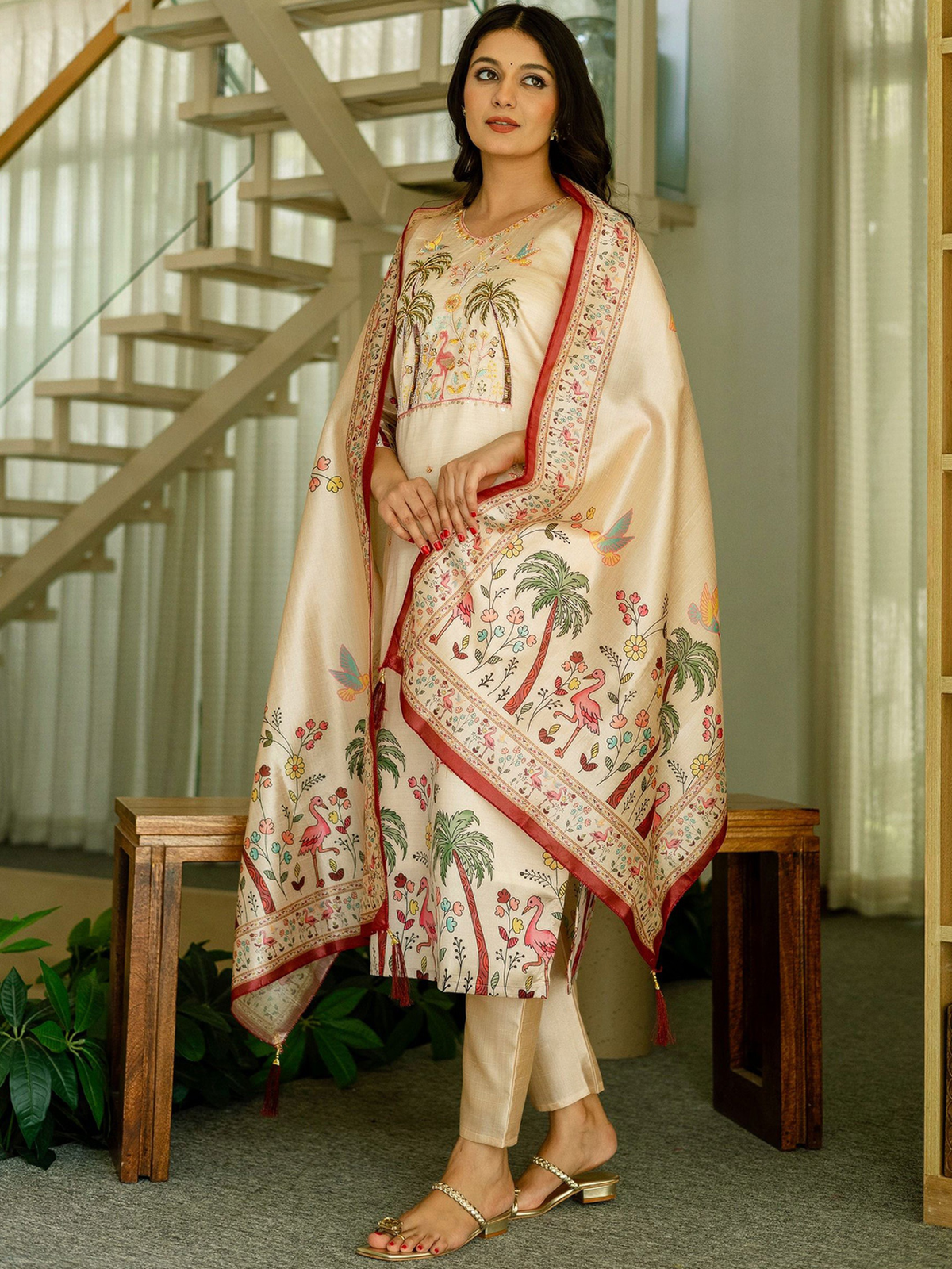 Aromie women's jacquard kurta set cream three piece with printed kurta dupatta and straight pants