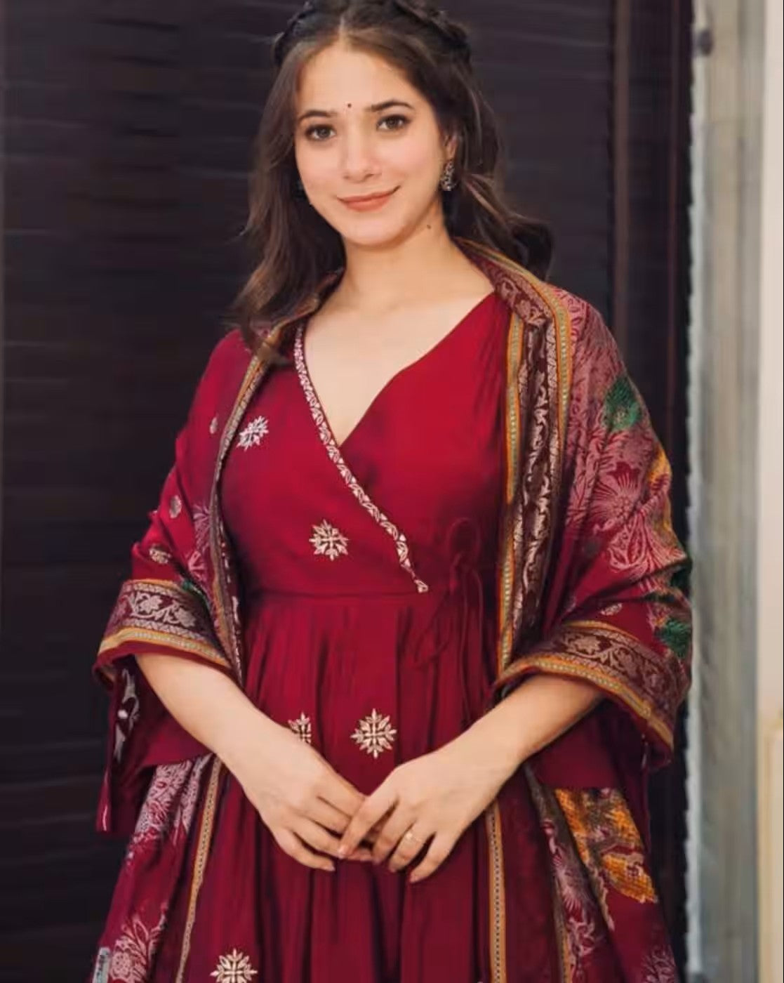 Aromie three piece women floral print anarkali kurta set in deep maroon with embroidered motifs and matching printed dupatta