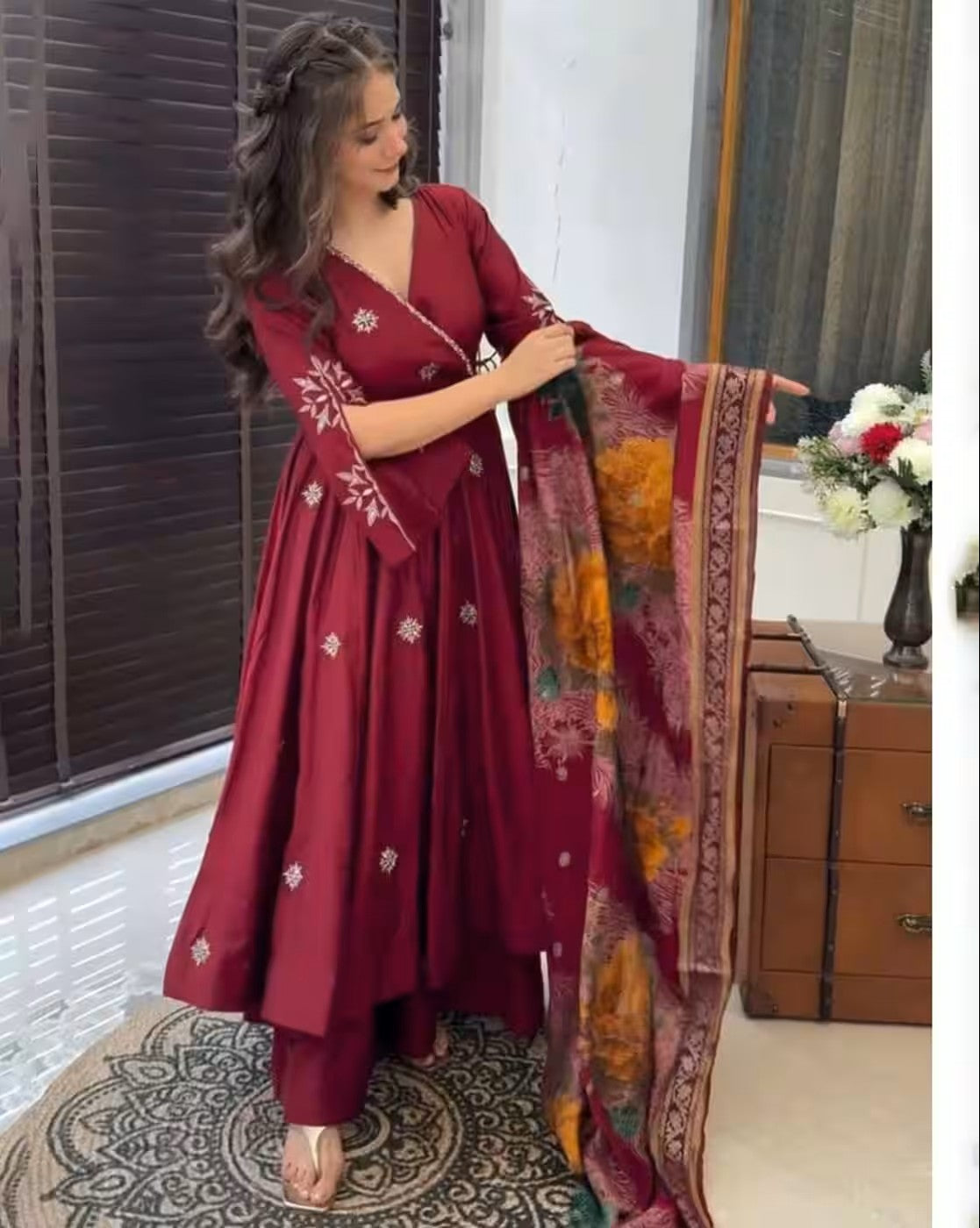 Aromie maroon three piece women floral print anarkali kurta set with long sleeves matching pants and floral dupatta