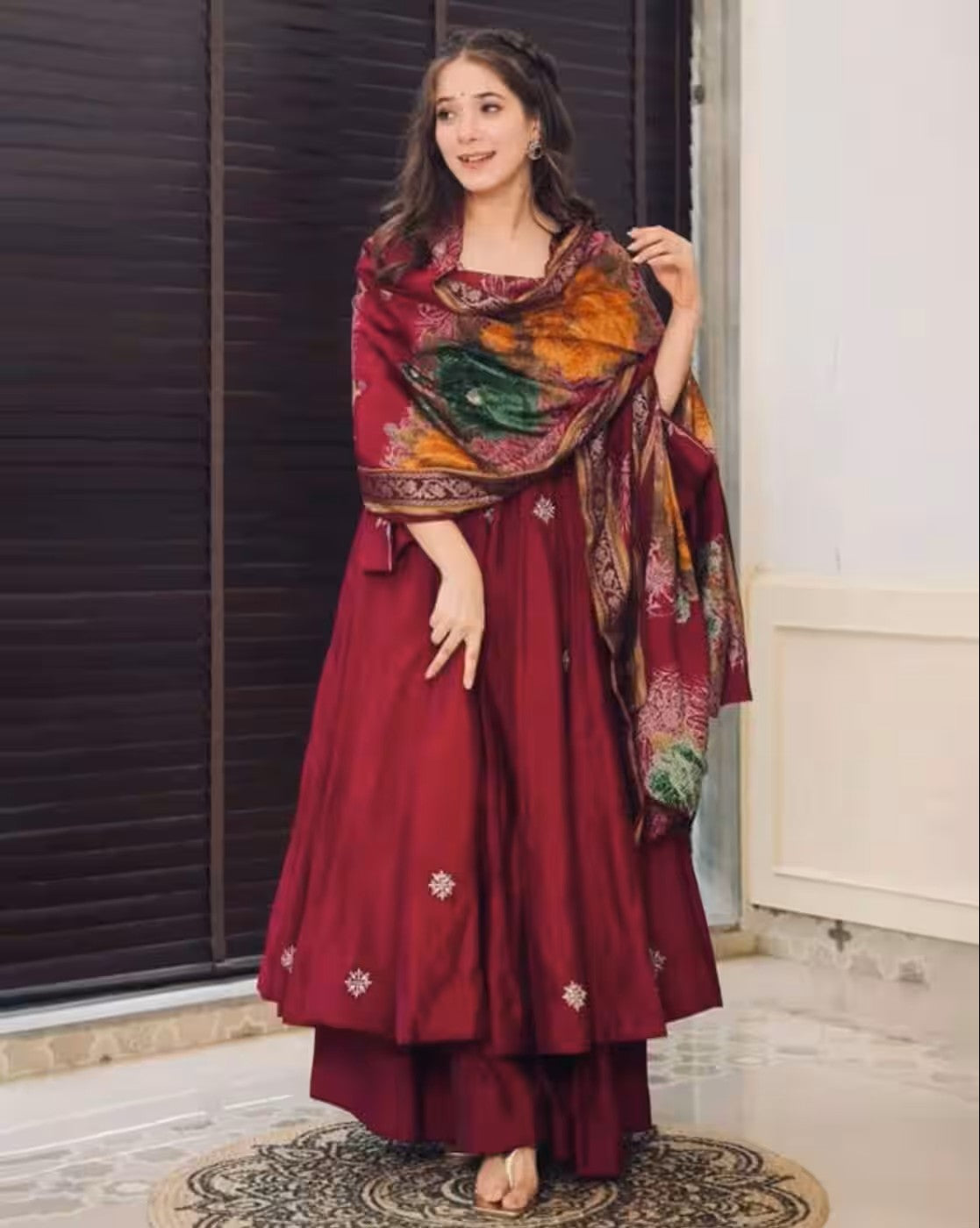 Aromie women floral print anarkali kurta set maroon three piece with multicolor floral dupatta and palazzo
