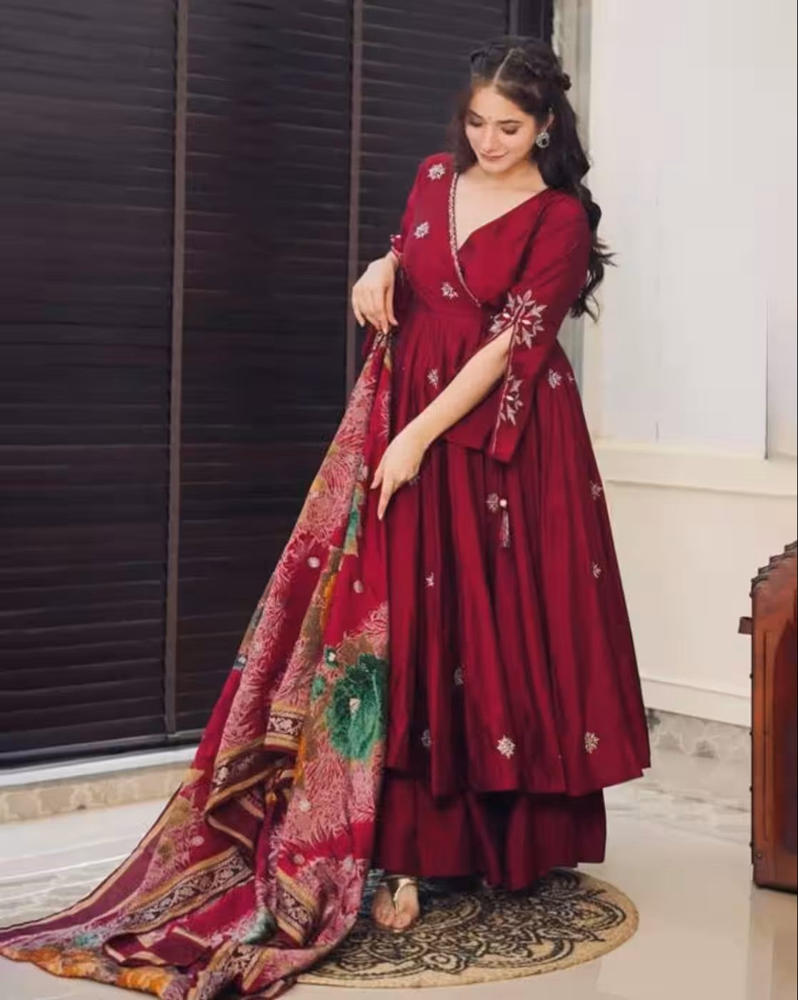 Aromie maroon three piece women floral print anarkali kurta set with printed dupatta and tiered skirt