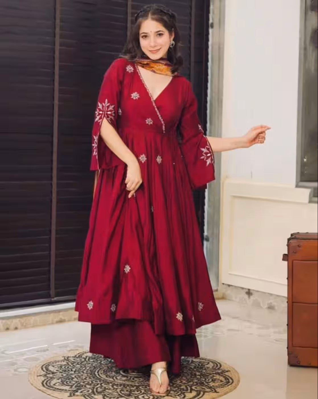 aromie three piece women floral print anarkali kurta set deep red with bell sleeves embroidered motifs and matching palazzo