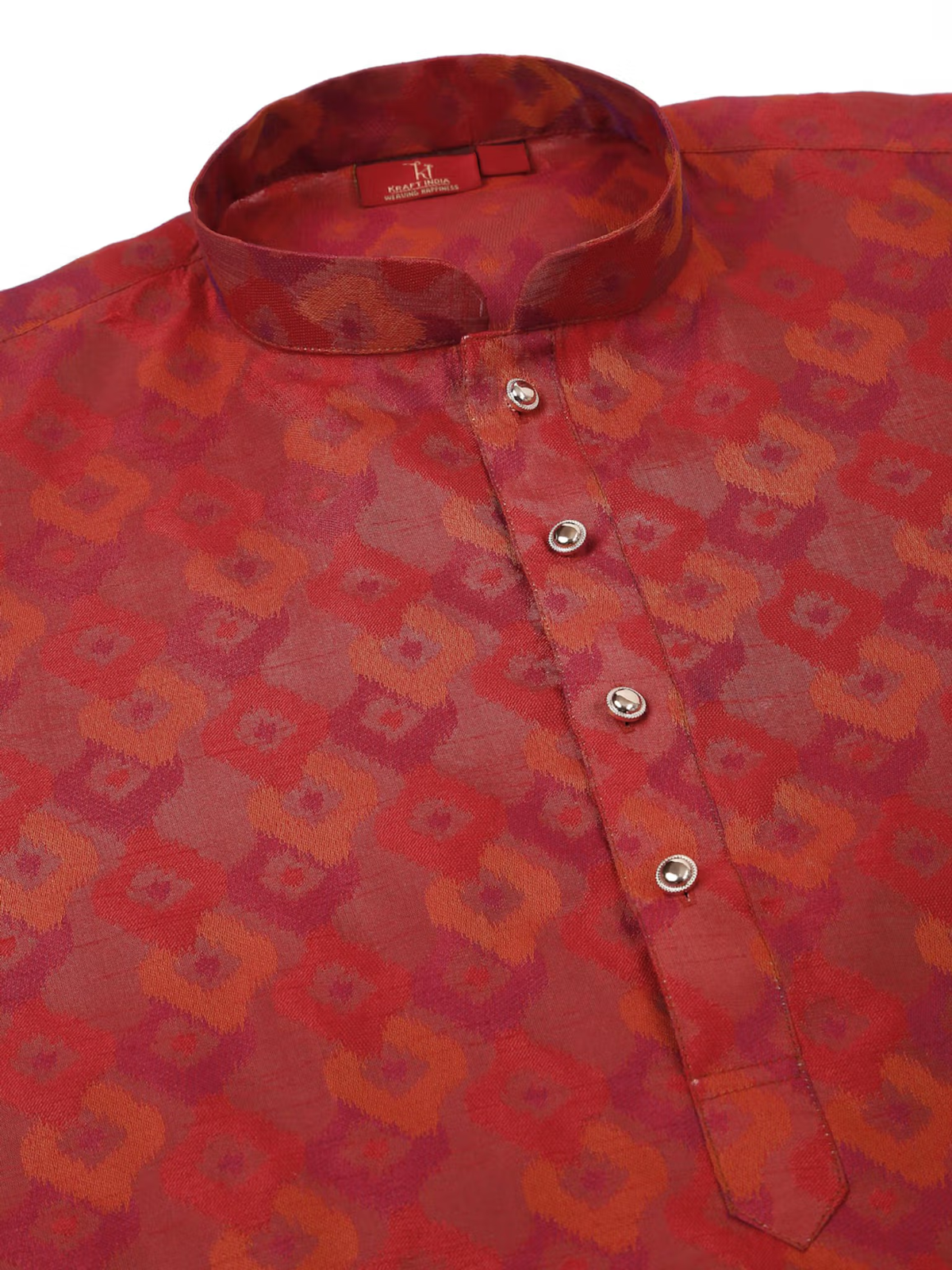 men maroon silk kurta pajama set closeup of patterned silk kurta with band collar and decorative buttons