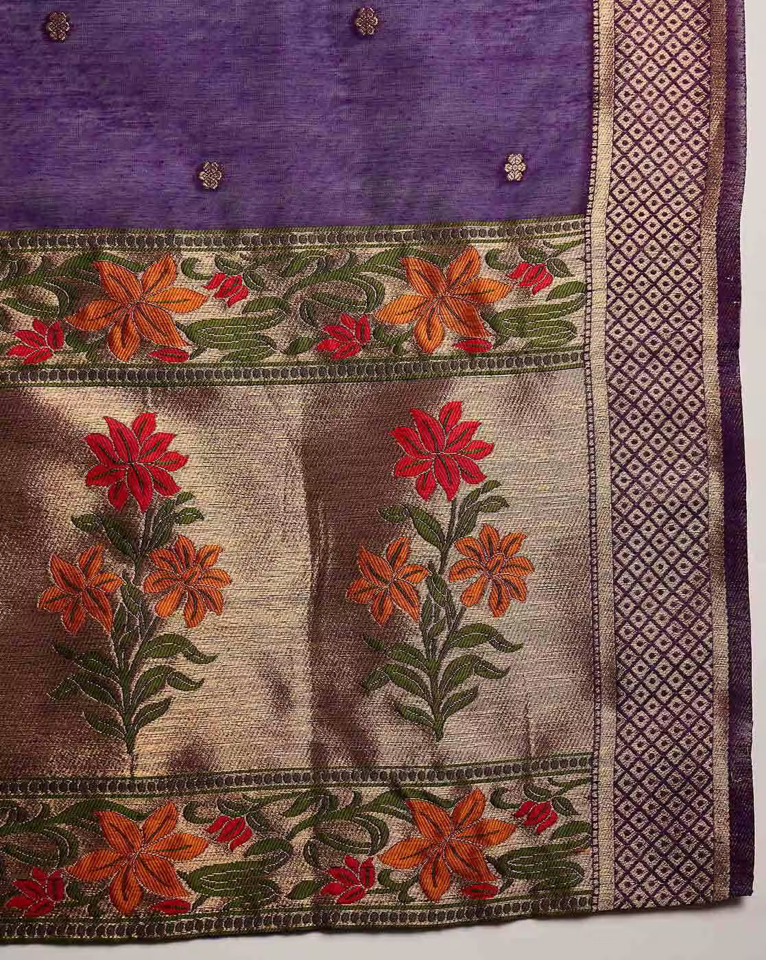 Aromie three piece teal floral kurta set with purple bodice and embroidered orange and red floral border