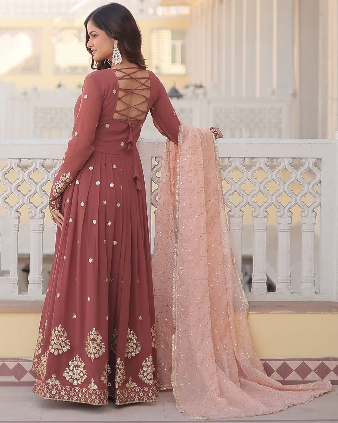 Silk blend kurta set women aromie three piece kurtha maroon embroidered flare with lace back and peach dupatta