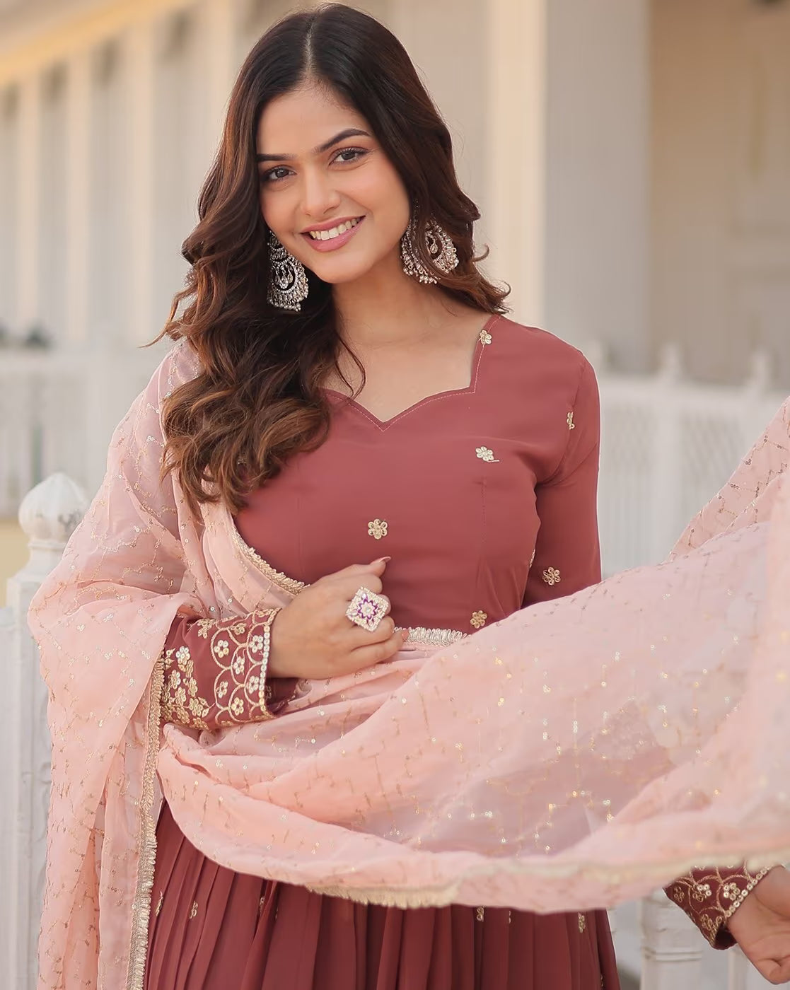 Aromie three piece Silk blend kurta set women in dusty rose with gold motifs and sheer pink dupatta