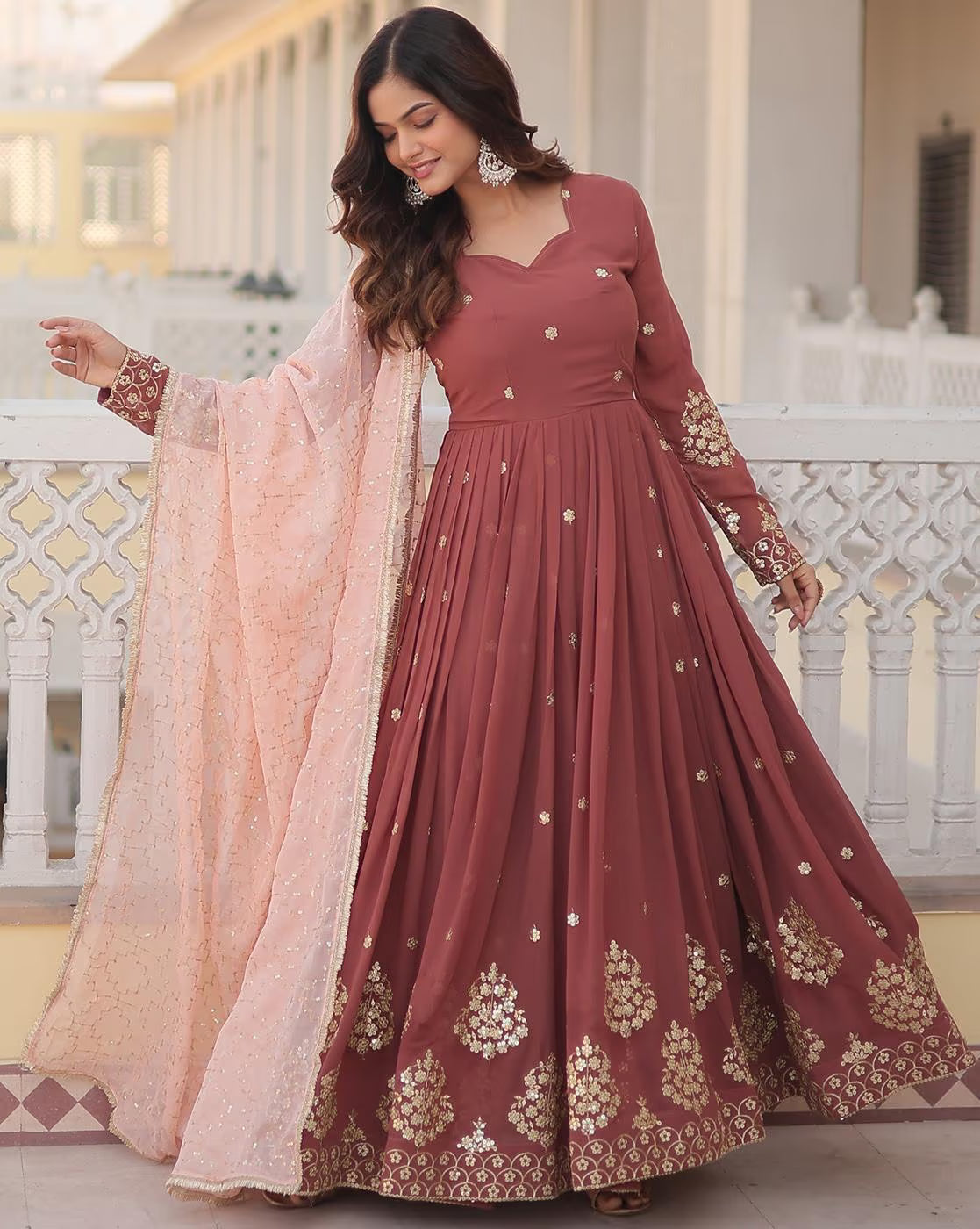 Silk blend kurta set women three piece Aromie maroon anarkali gown with gold embroidery and matching dupatta