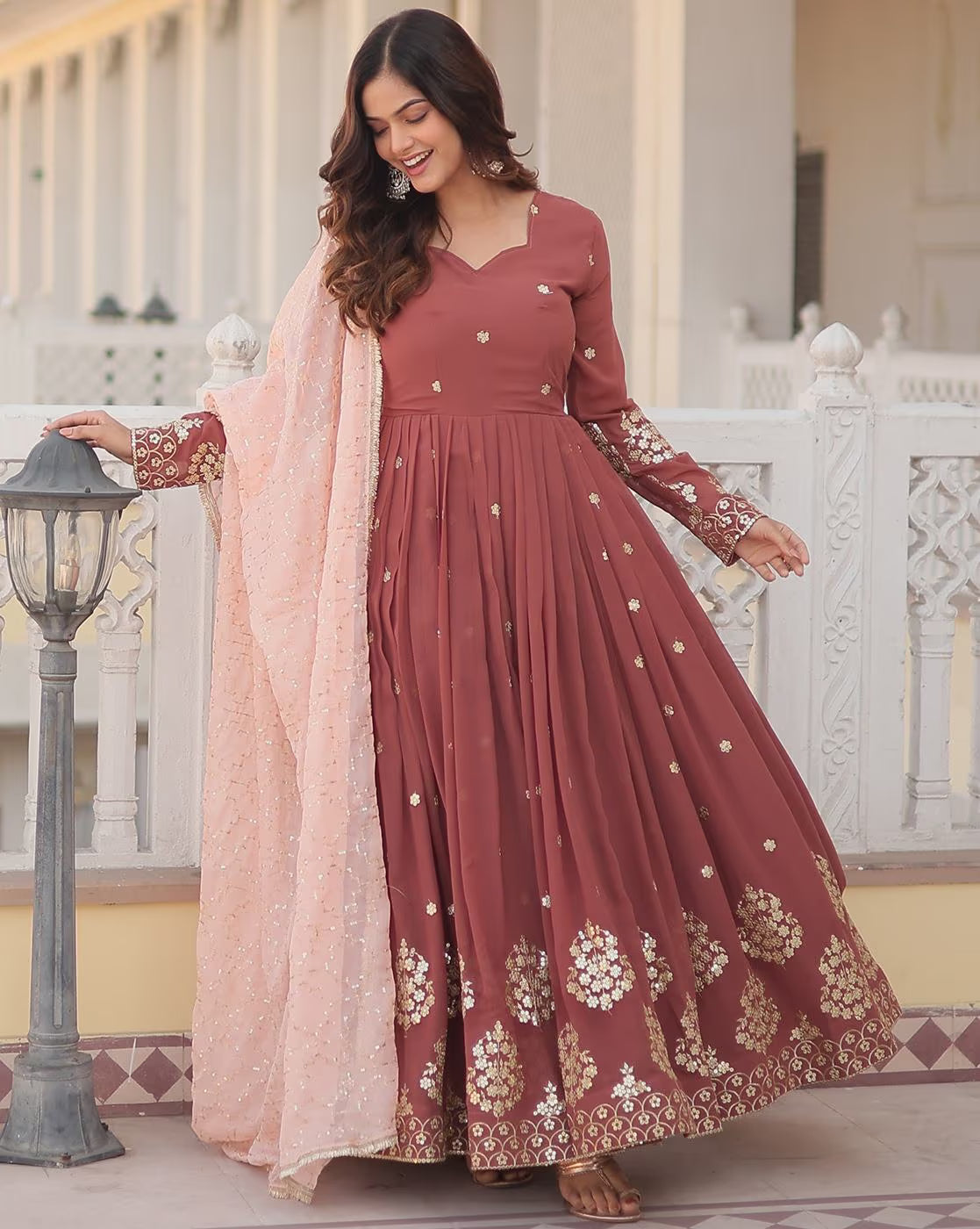 Aromie three piece Silk blend kurta set women burgundy embroidered anarkali kurta with matching pastel dupatta and churidar