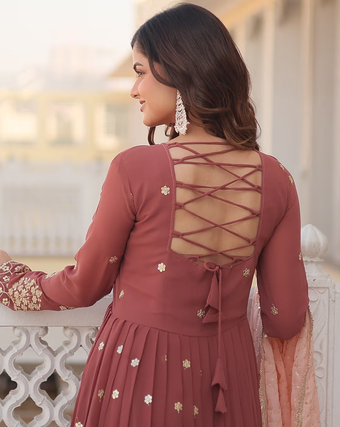 Silk blend kurta set women dusty rose three piece kurtha with lace up back and gold floral motifs by aromie