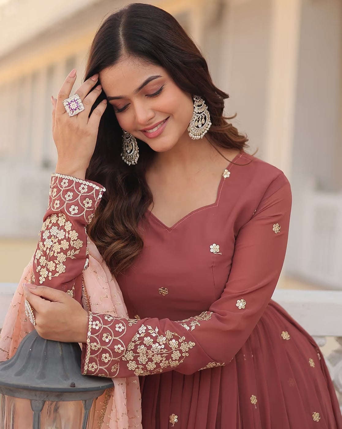 Silk blend kurta set women aromie three piece dusty rose embroidered kurta with matching dupatta and statement earrings