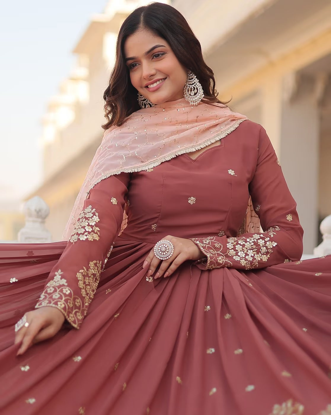 Aromie three piece Silk blend kurta set women in dusty rose with gold embroidery dupatta and statement earrings