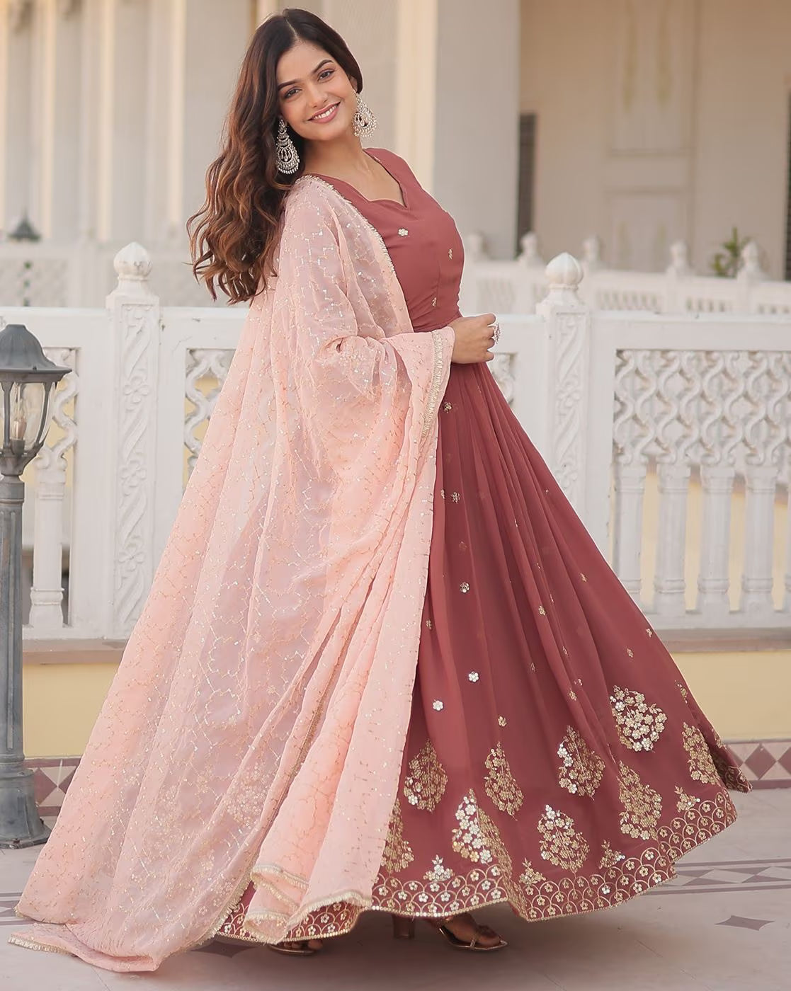 Aromie three piece kurtha set featuring embroidered maroon anarkali dress with pink dupatta Silk blend kurta set women