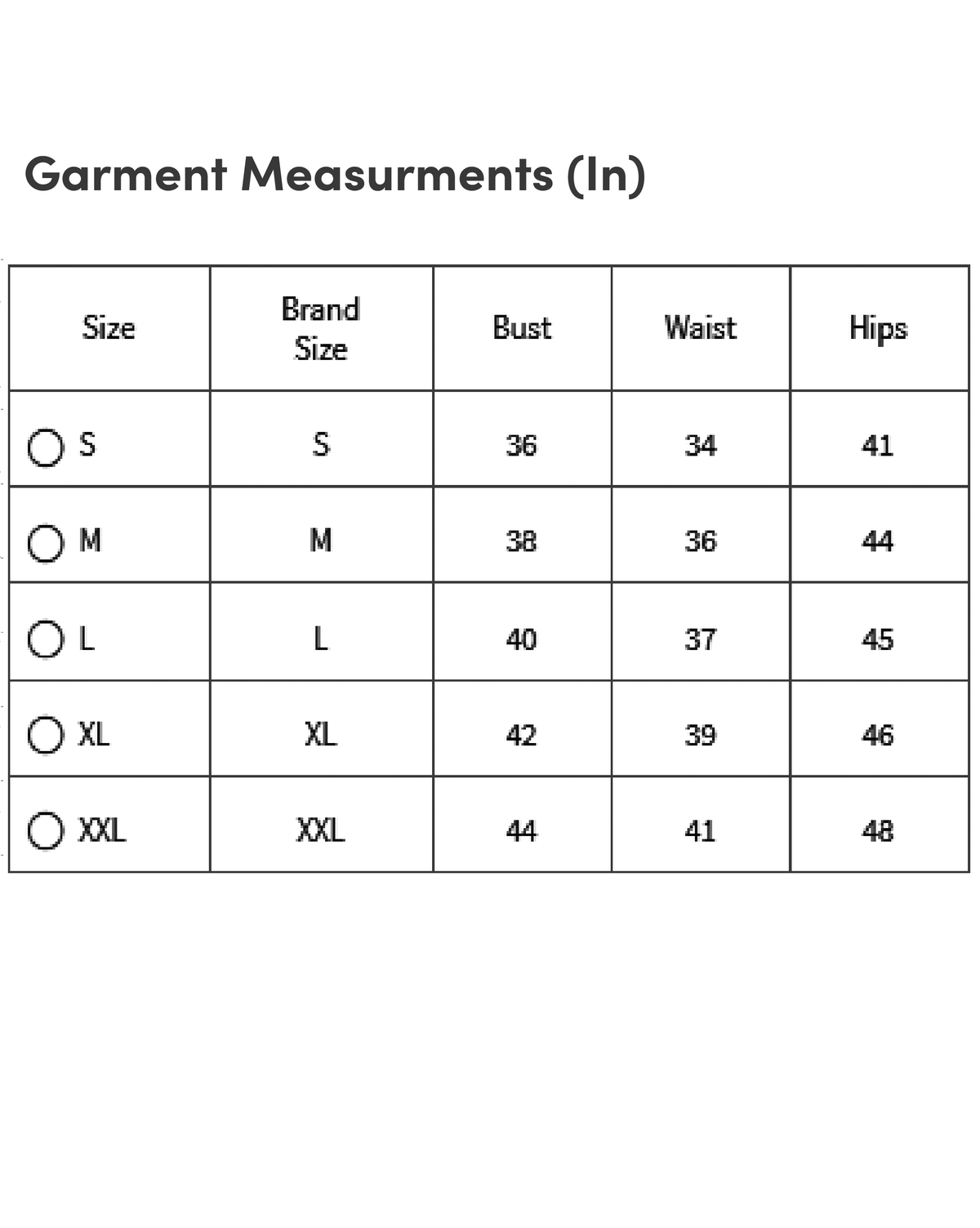 Silk blend kurta set women three piece kurtha garment measurements chart in inches showing bust waist hips for sizes S to XXL
