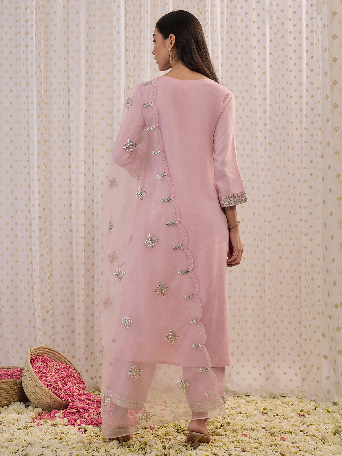 Embroidered Chanderi kurta set aromie three piece pastel pink kurta with embellished net dupatta and pants