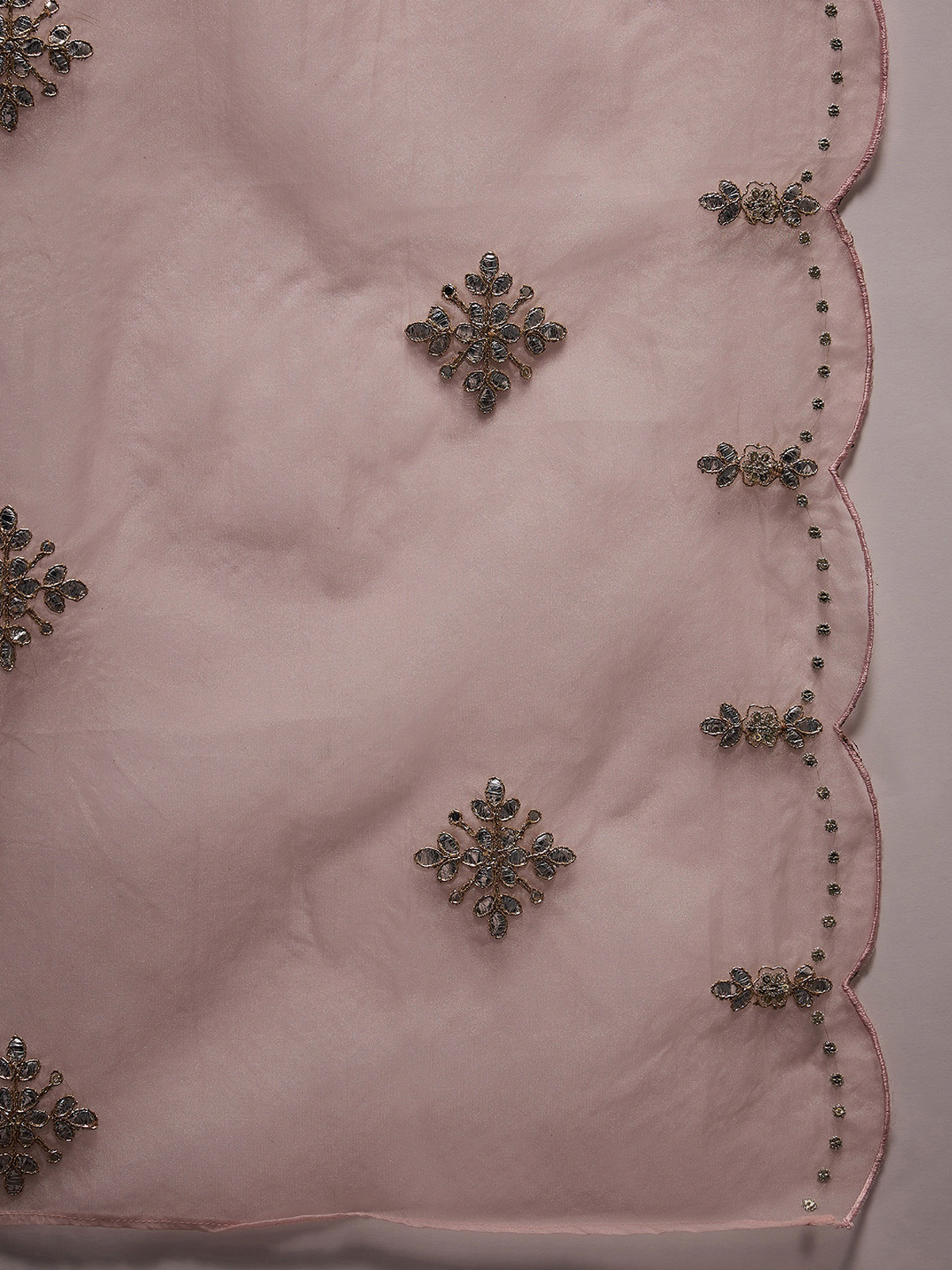 aromie three piece Embroidered Chanderi kurta set in pastel pink with scalloped hem and metallic floral embroidery