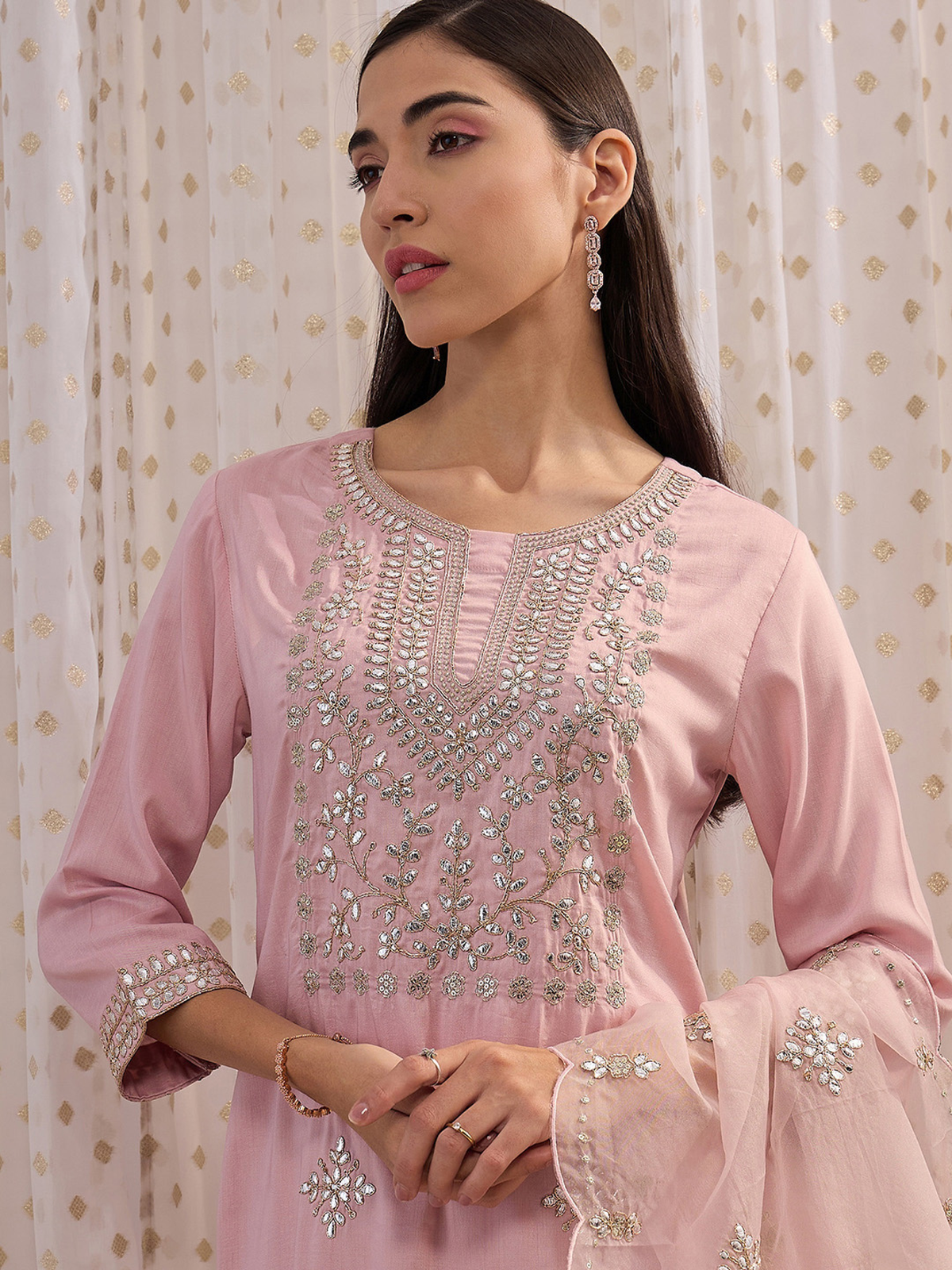 Embroidered Chanderi kurta set by aromie pink three piece kurta with silver sequin embroidery and dupatta