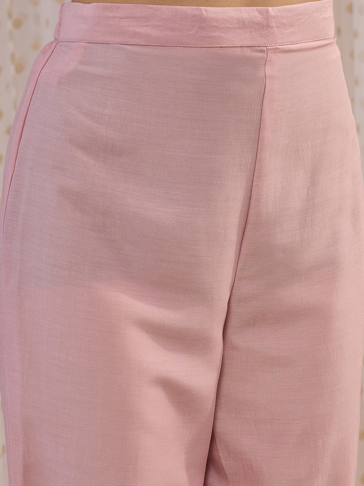 Embroidered Chanderi kurta set light pink tapered pants close up showing waistband and front seam