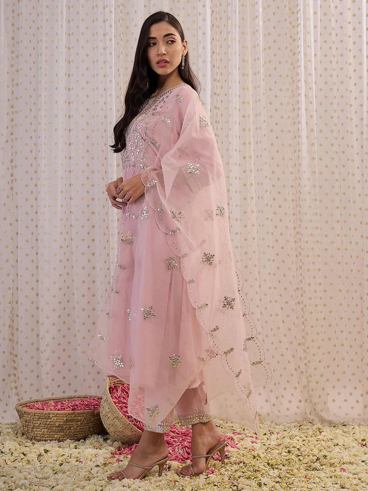 Aromie pink three piece Kurtha on model featuring Embroidered Chanderi kurta set with sheer embroidered dupatta