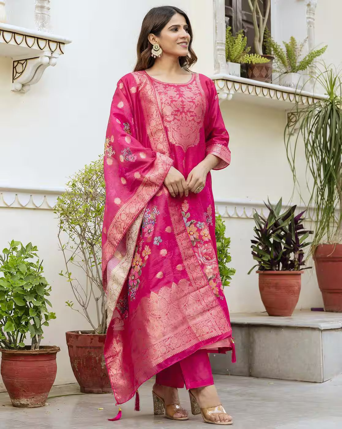 Aromie three piece kurtha set in fuchsia with gold floral brocade and matching dupatta Floral Chanderi Dress Canada