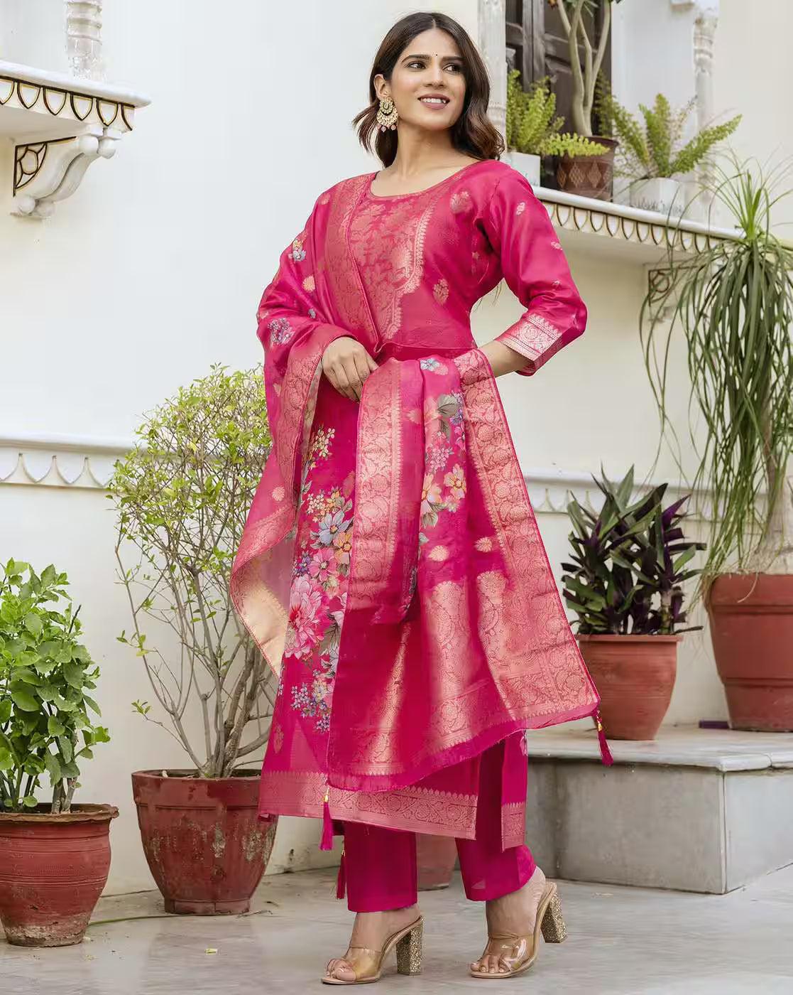 Aromie three piece Kurtha set in fuchsia with floral Chanderi print dupatta and pants Floral Chanderi Dress Canada