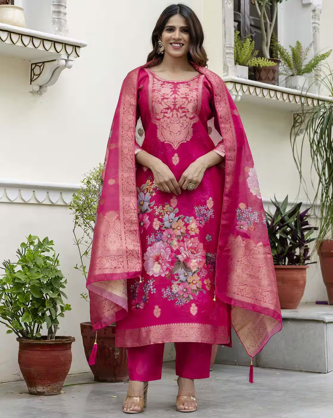Aromie three piece kurtha set in fuchsia with floral print and gold zari dupatta Floral Chanderi Dress Canada