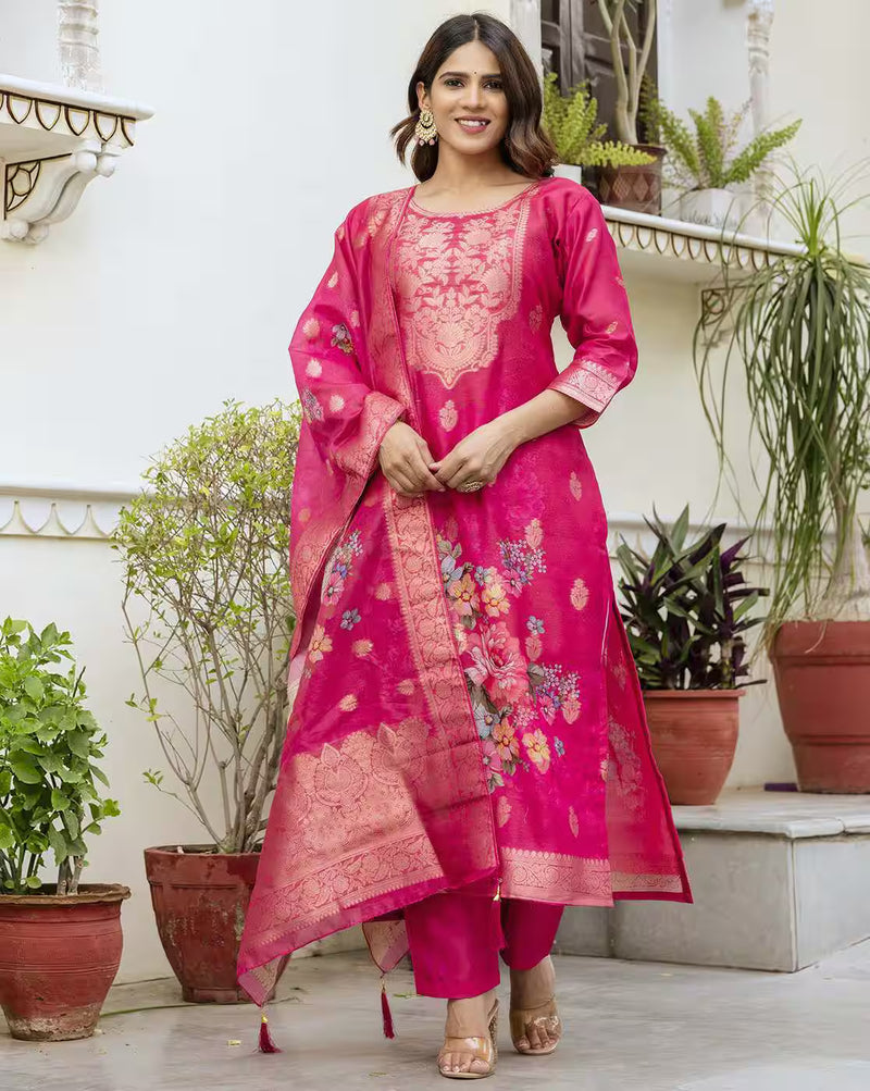 Aromie three piece kurtha set in fuchsia with gold floral motifs and dupatta Floral Chanderi Dress Canada