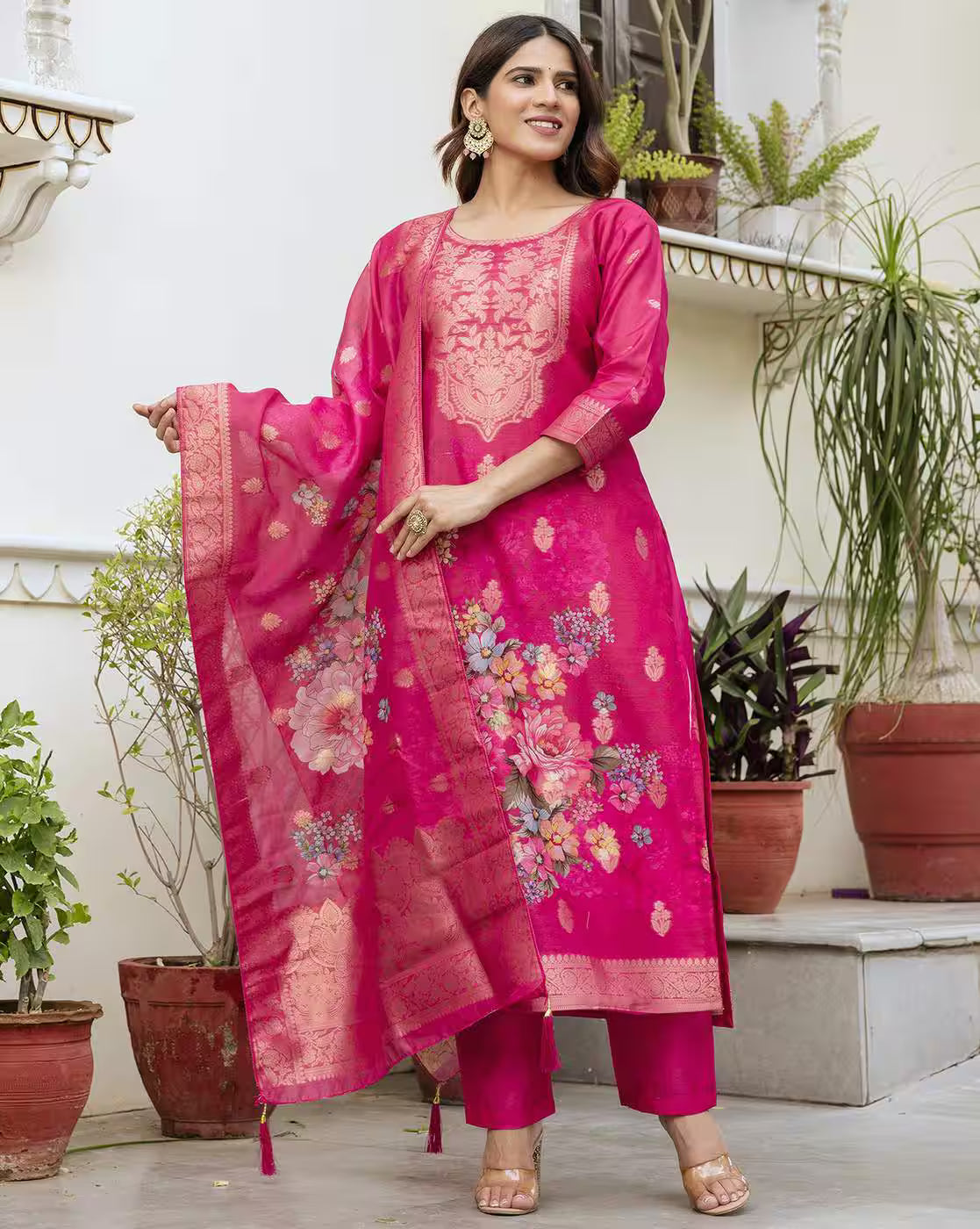 Aromie three piece kurta in pink with floral Chanderi print gold zari dupatta and pants Floral Chanderi Dress Canada