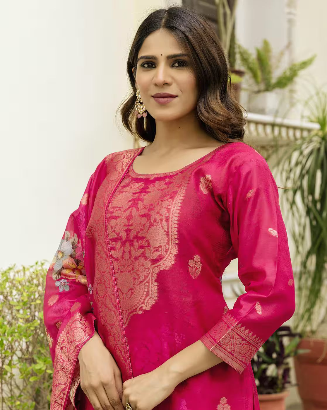 Aromie three piece kurtha set in magenta with gold floral Chanderi motifs and dupatta Floral Chanderi Dress Canada