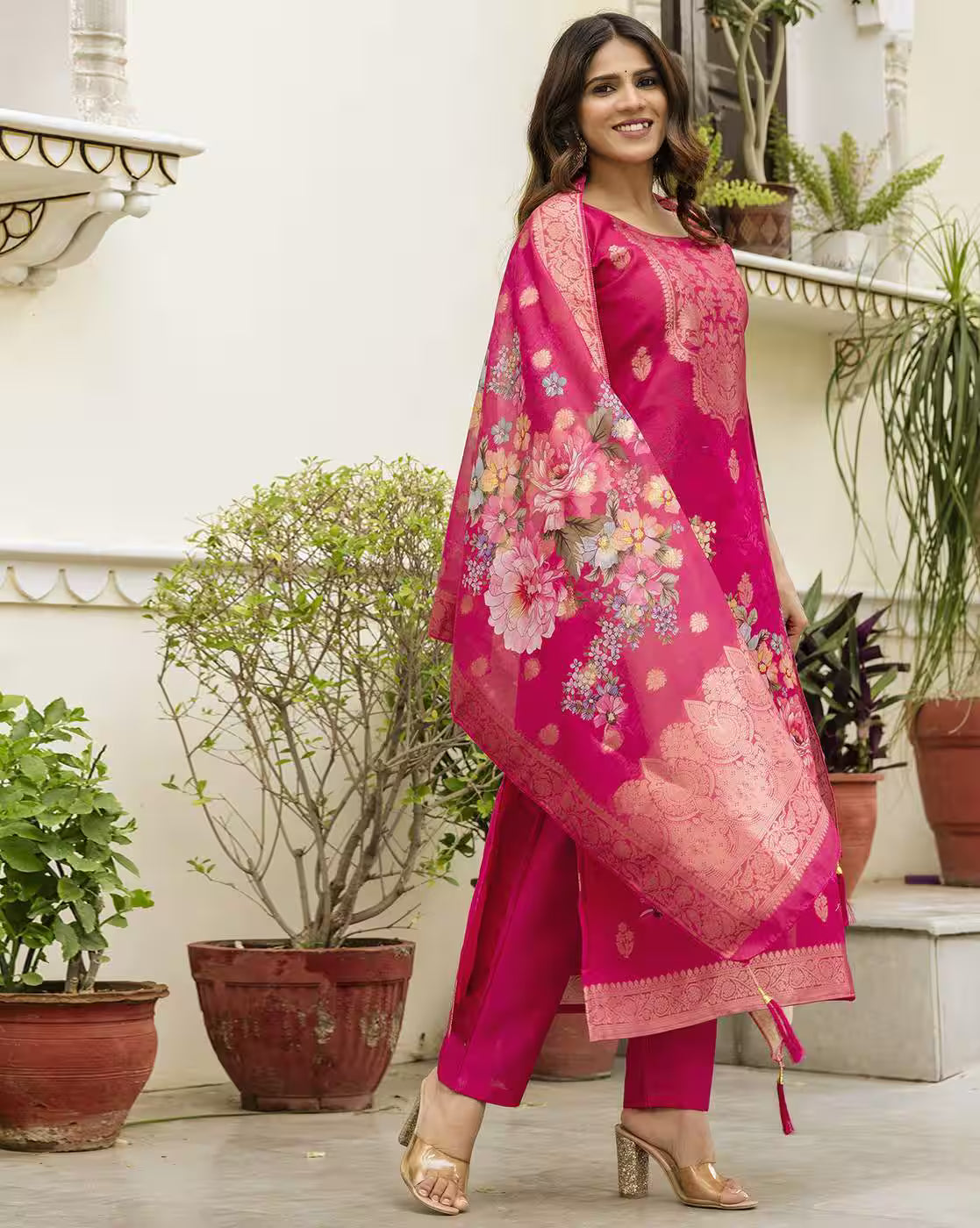 Aromie three piece Kurtha set with bright pink floral printed dupatta and trousers Floral Chanderi Dress Canada