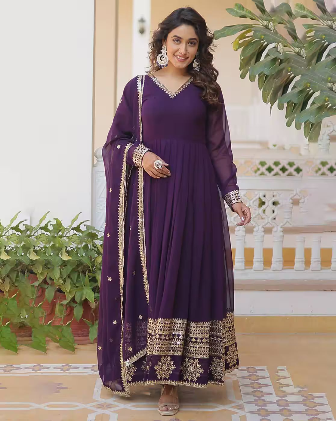 Aromie three piece purple embroidered anarkali kurta with dupatta and churidar floral cotton kurta Canada