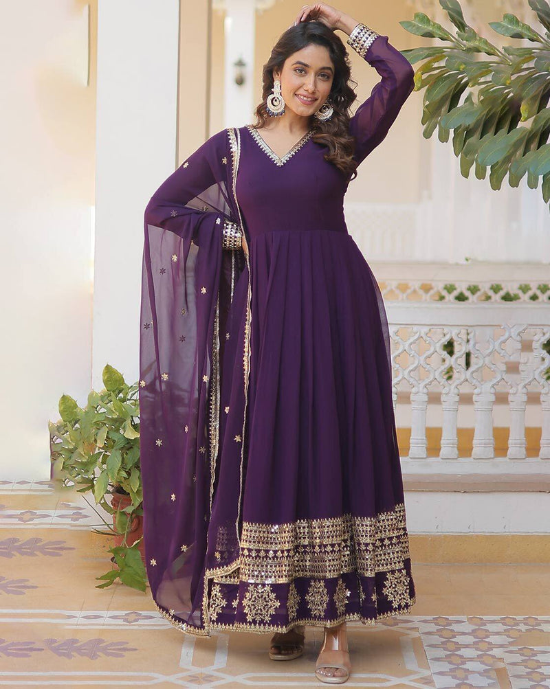 Aromie three piece purple anarkali kurta set with gold embroidery and sheer dupatta floral cotton kurta Canada