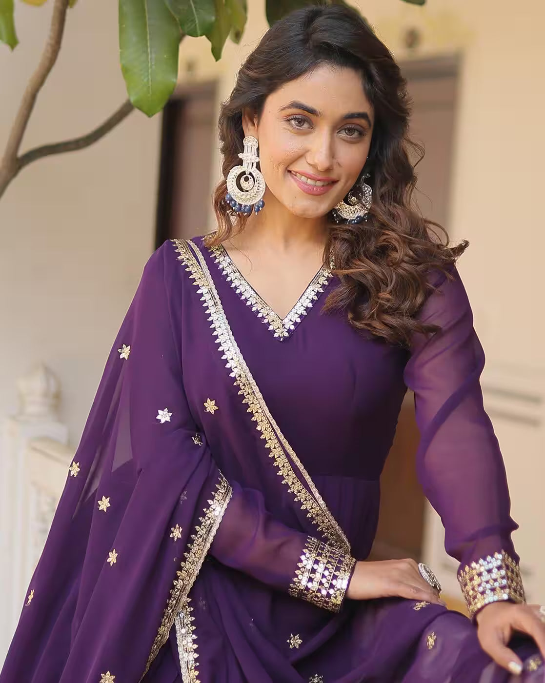 aromie three piece purple embroidered kurta set with sheer dupatta and gold trim on model floral cotton kurta Canada