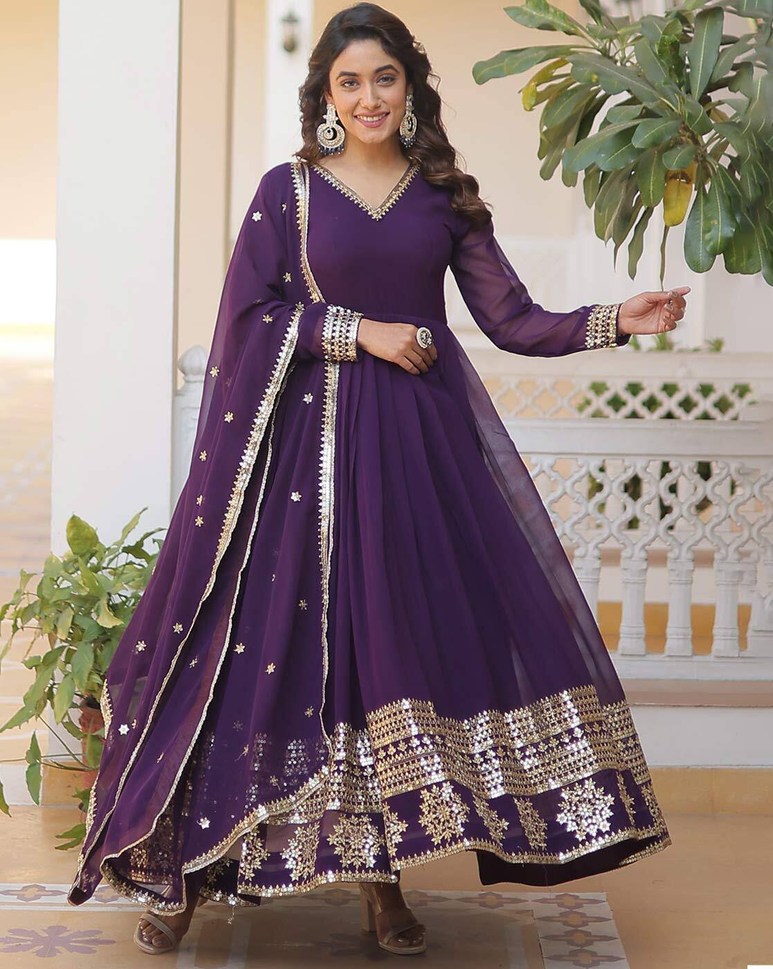aromie three piece purple Anarkali with gold embroidery long sleeves and dupatta floral cotton kurta Canada