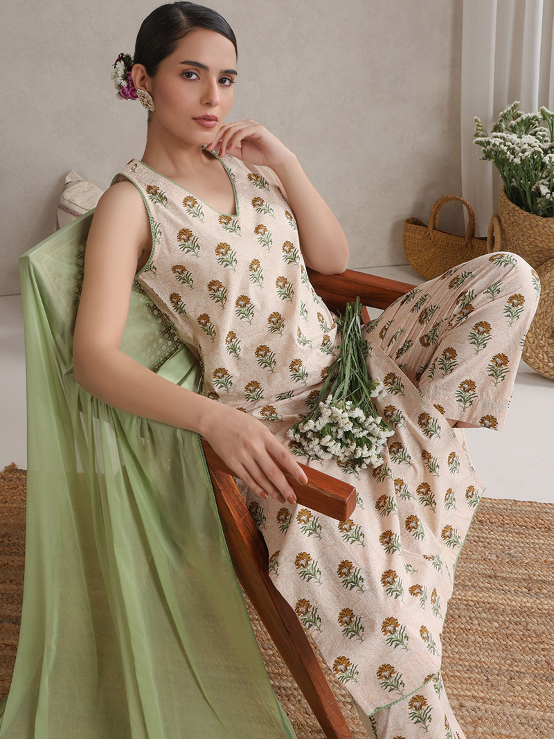 Aromie three piece viscose embellished kurta set in cream floral print with sleeveless V neck kurta and green dupatta